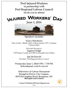 flyer for Peel Injured Workers Day event 2016