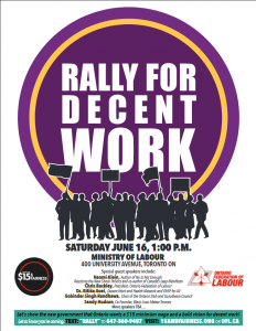 poster for $15 & Fairness rally June 16 Toronto