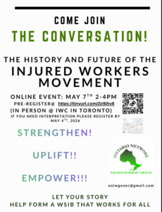 flyer on ONIWG May 7 meeting on injured workers movement