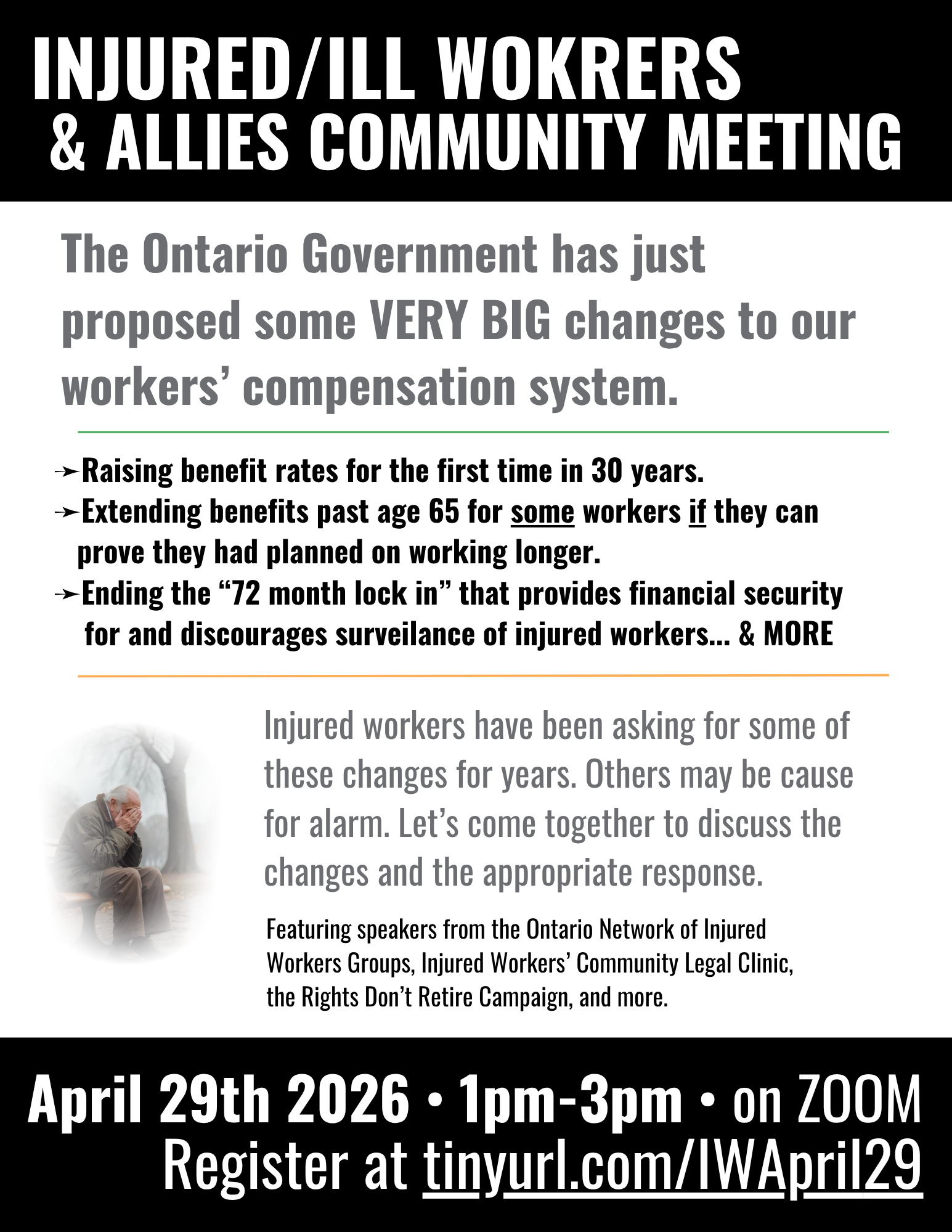 Flyer for IWC meeting April 29 on proposed workers comp changes