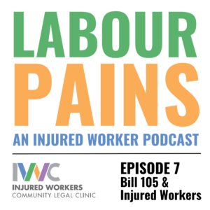 flyer for Labour Pains podcast on Bill 105 & injured workers