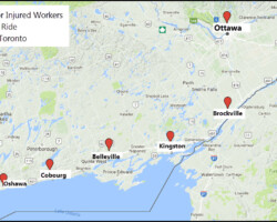 Map showing the Justice Bike Ride route from Ottawa to Toronto