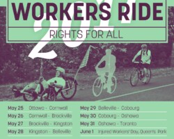 Justice for Injured Workers Bike Ride poster with itinerary