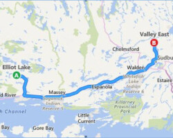Map of Bike Ride route from Elliot Lake to Valley East